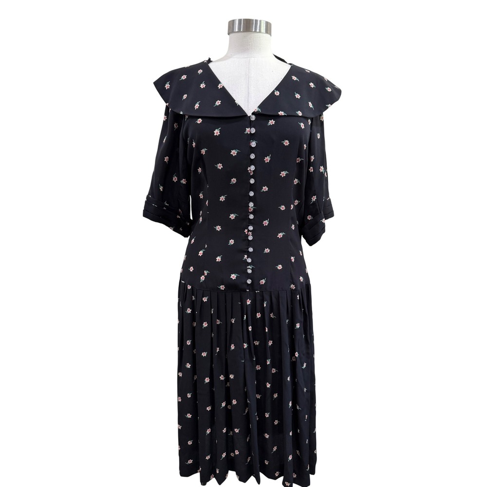 VTG Floral Sailor Collar Dress Black Pink Midi Button Front Pleated Skirt Sz 12